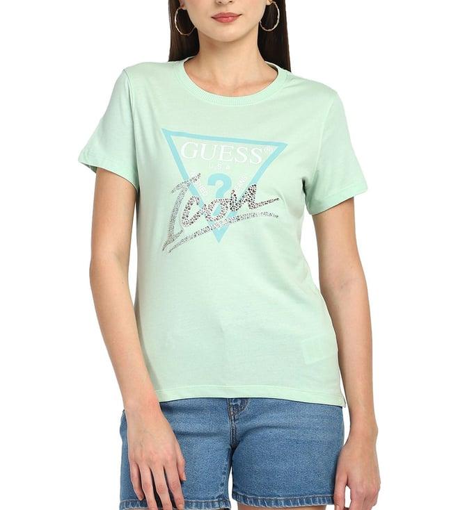 guess women's green cotton printed regular fit round neck short sleeve t-shirt