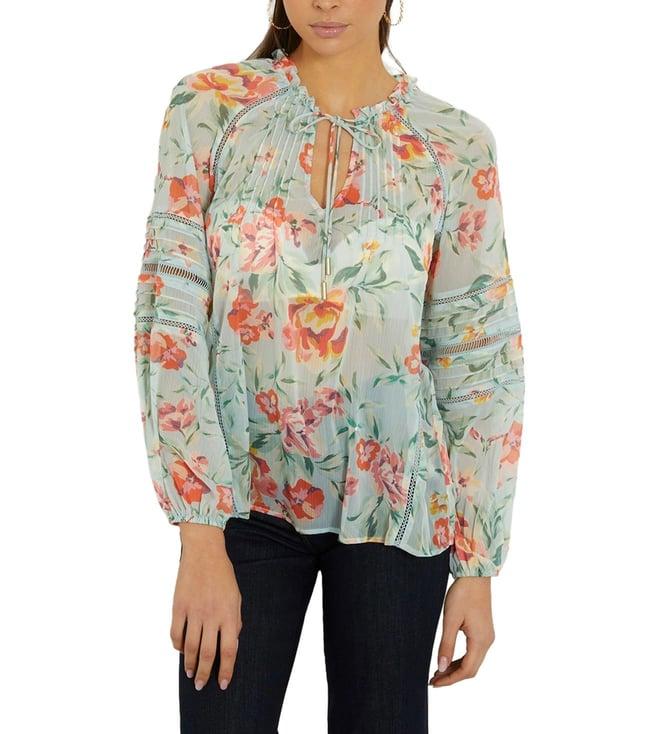 guess women's green polyester floral comfort fit top