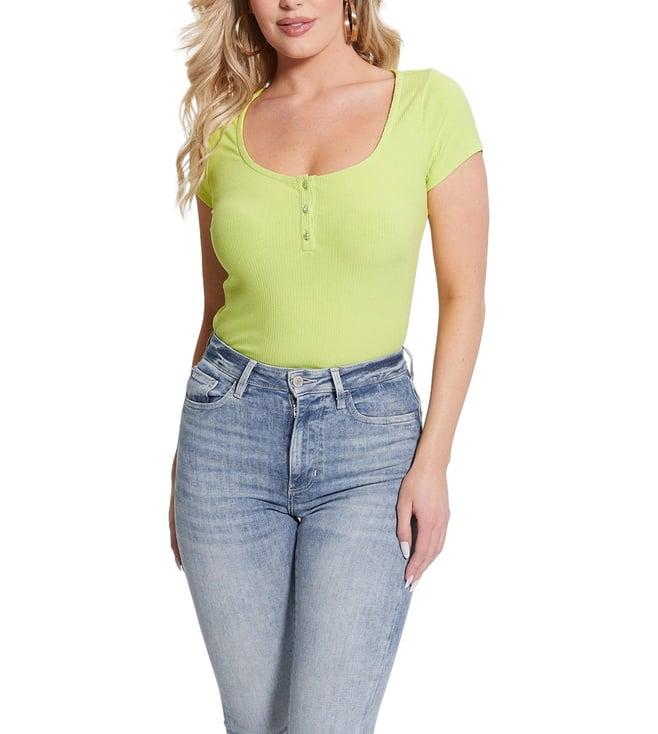 guess women's green viscose ribbed regular fit top