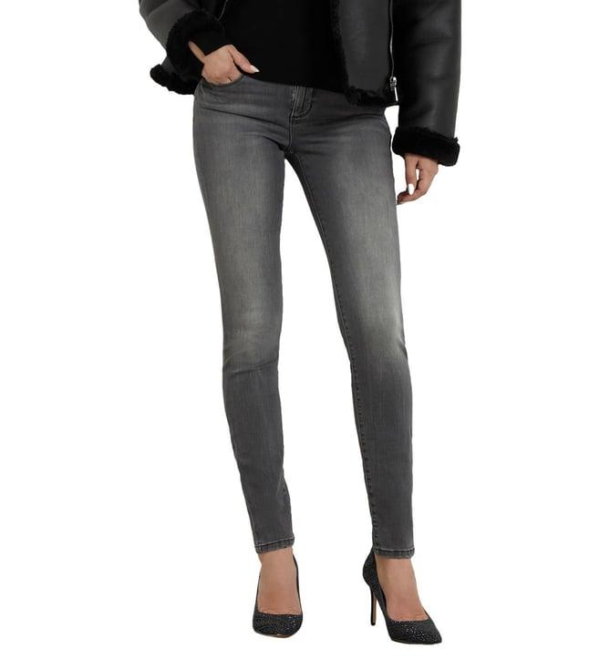 guess women's grey cotton blend solid skinny fit jeans