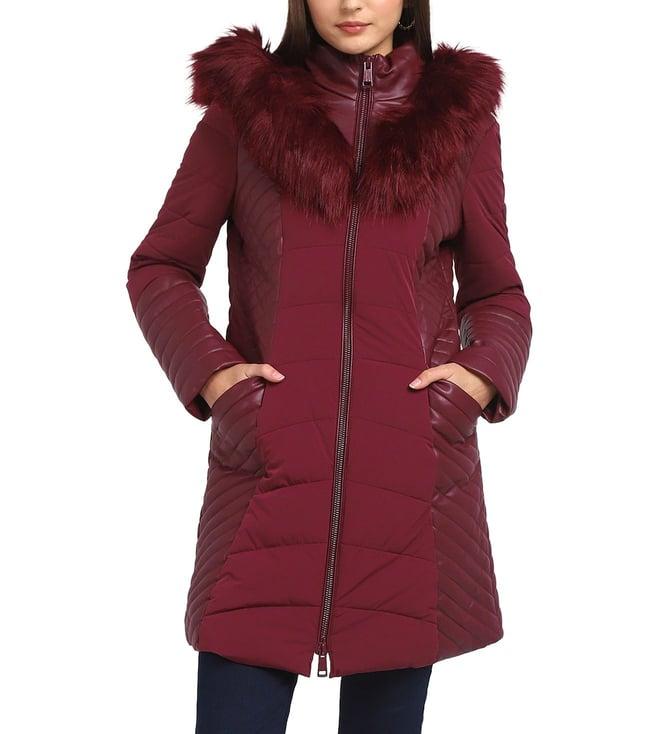 guess women's maroon polyamide quilted regular fit jacket