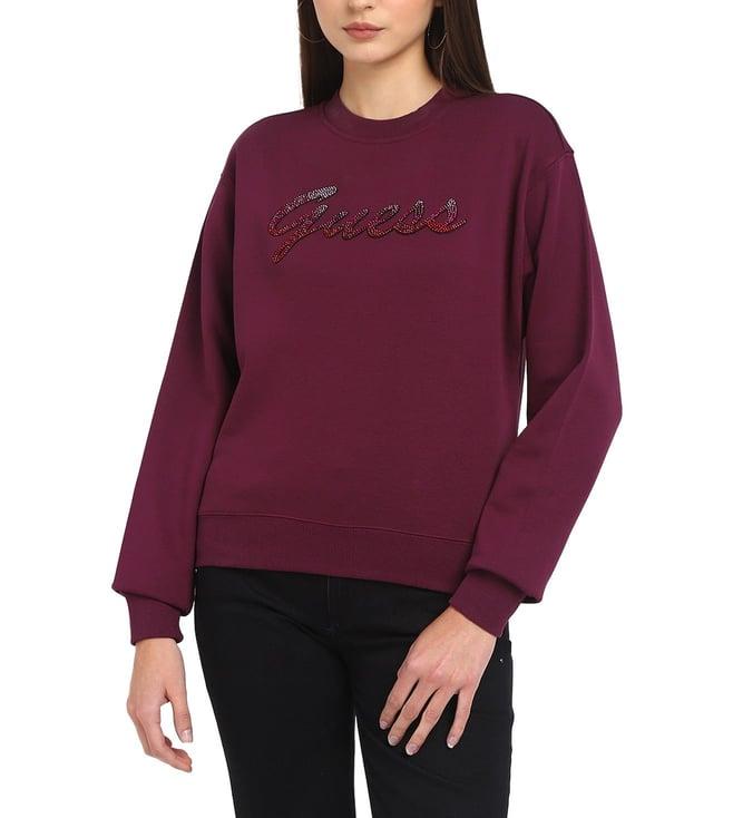 guess women's maroon polycotton embellished regular fit round neck full sleeve sweatshirt