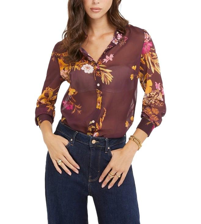 guess women's maroon polyester floral regular fit shirt