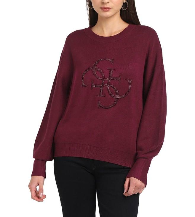 guess women's maroon viscose embellished regular fit sweater