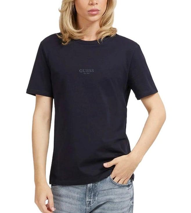 guess women's navy blue cotton solid regular fit round neck short sleeve t-shirt