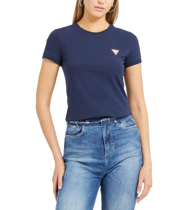 guess women's navy blue cotton solid slim fit t-shirt