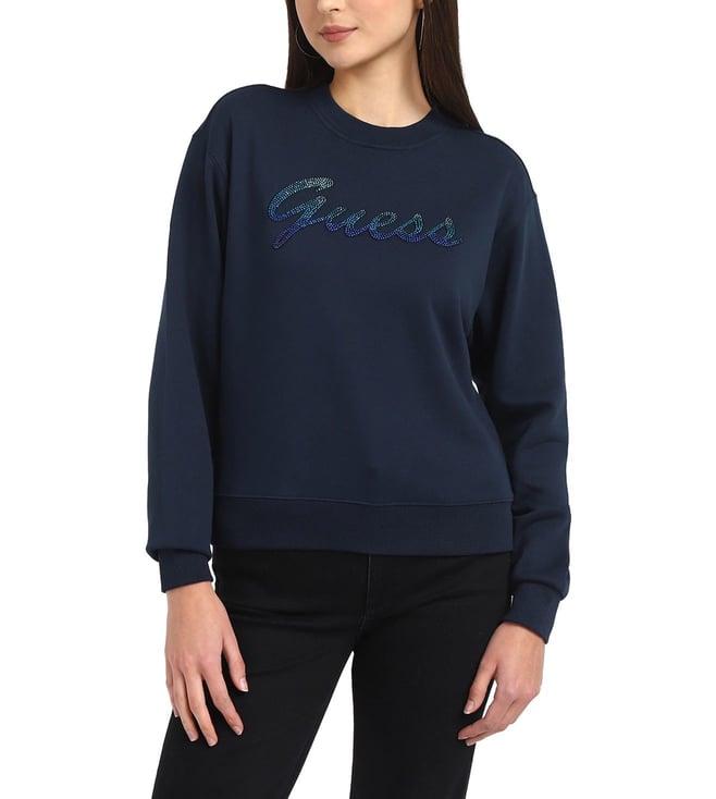 guess women's navy blue polycotton embellished regular fit round neck full sleeve sweatshirt