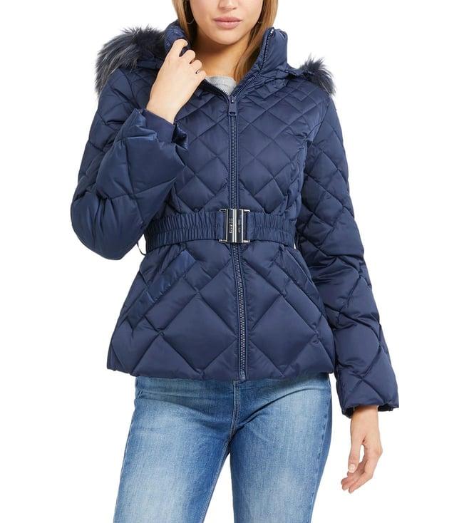 guess women's navy blue polyester quilted regular fit jacket