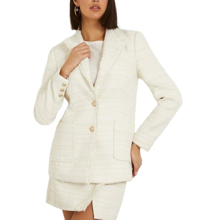 guess women's off white polyester solid regular fit full sleeves blazer