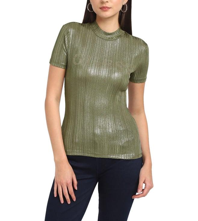 guess women's olive polyester striped regular fit t-shirt