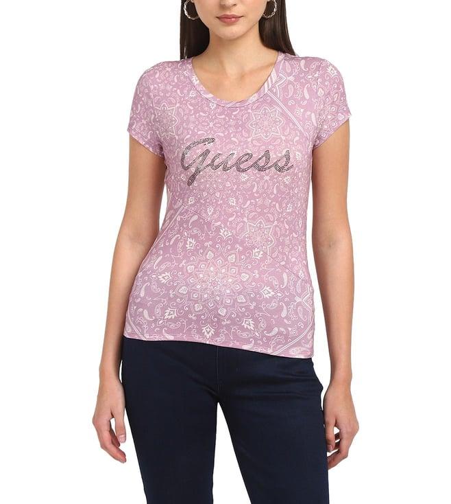 guess women's pink cotton paisley regular fit t-shirt