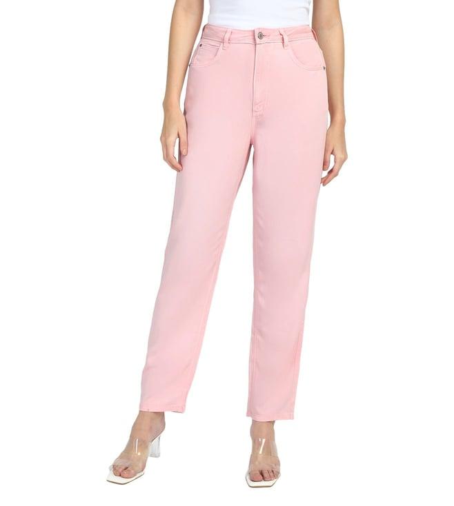 guess women's pink lyocell solid relaxed fit jeans