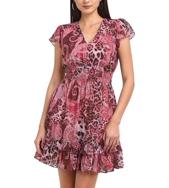 guess women's pink polyester abstract regular fit cap sleeves dress