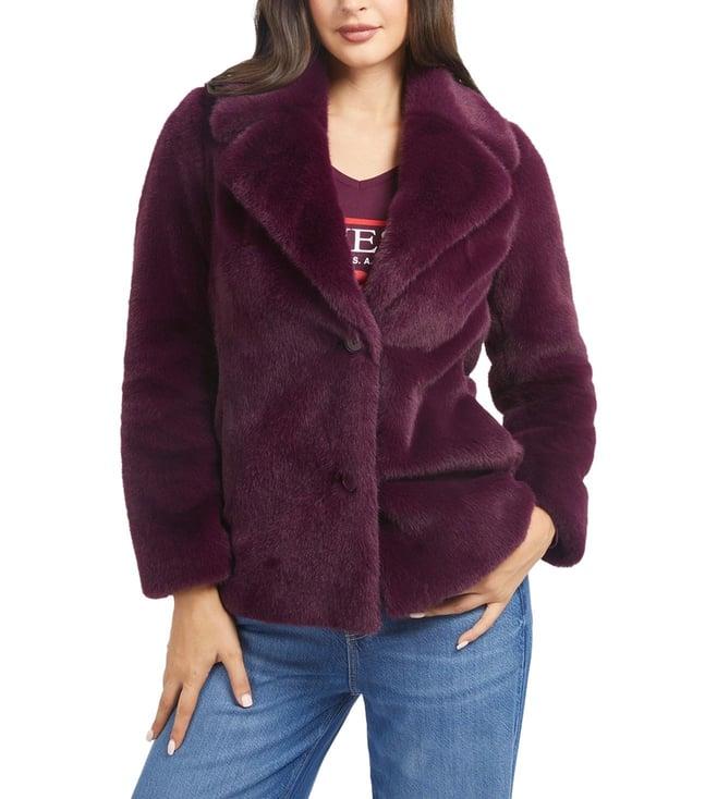 guess women's purple polyester solid regular fit collared neck full sleeve jacket