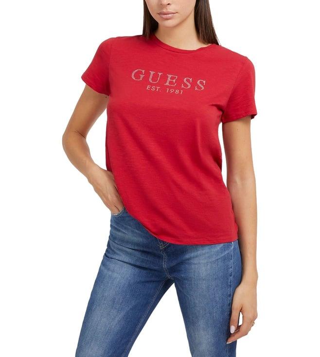 guess women's red cotton printed regular fit half sleeves t-shirt