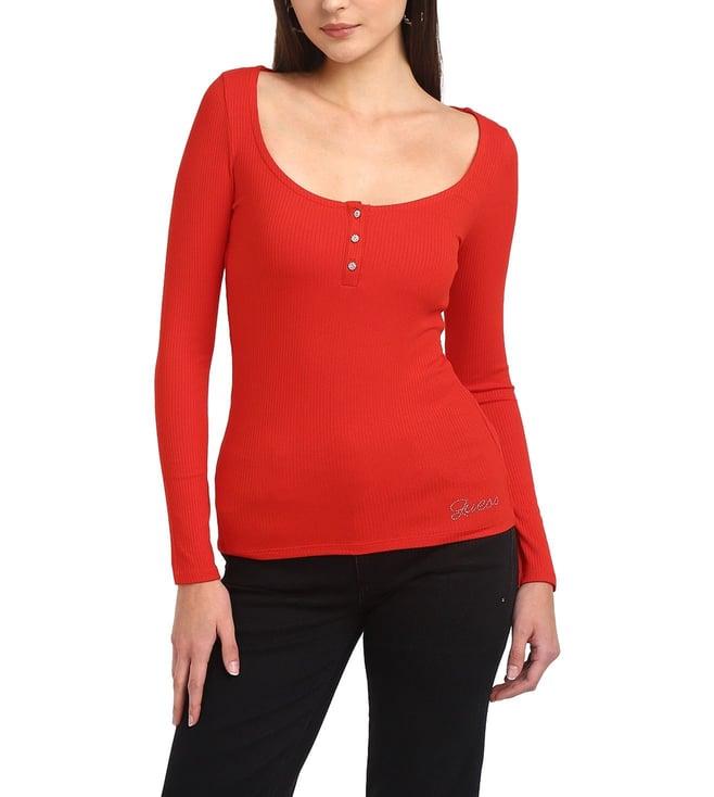 guess women's red viscose ribbed regular fit top