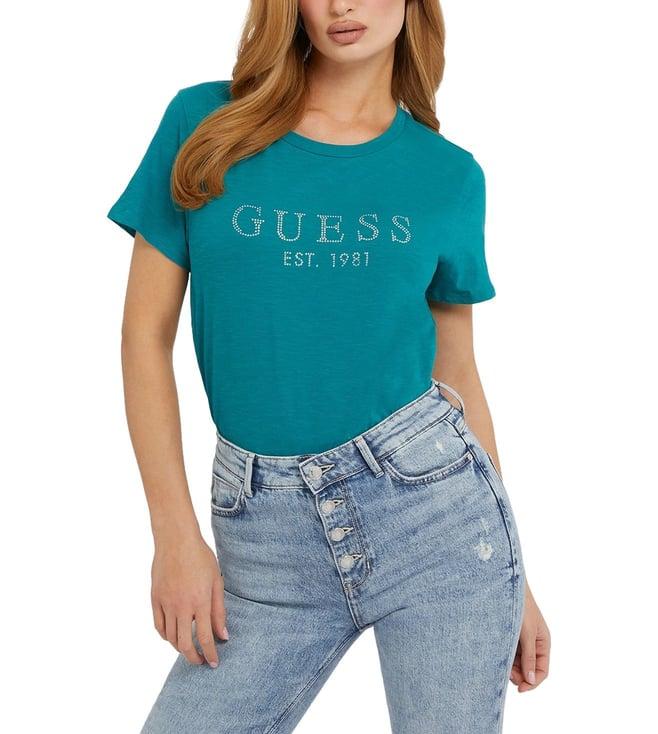 guess women's teal cotton printed regular fit half sleeves t-shirt