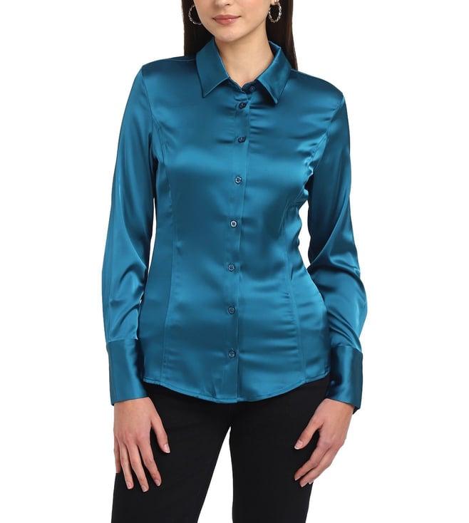 guess women's teal polyester solid slim fit shirt