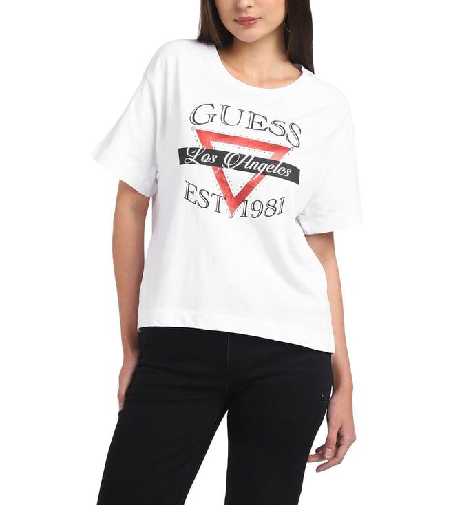 guess women's white cotton logo boxy fit half sleeves t-shirt