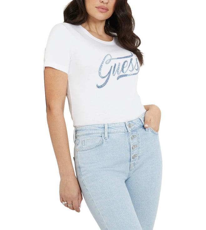 guess women's white cotton logo regular fit half sleeves t-shirt