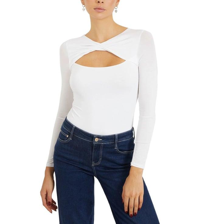 guess women's white modal solid regular fit boat neck full sleeve top