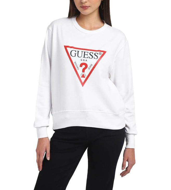 guess women's white polycotton printed regular fit round neck full sleeve sweatshirt