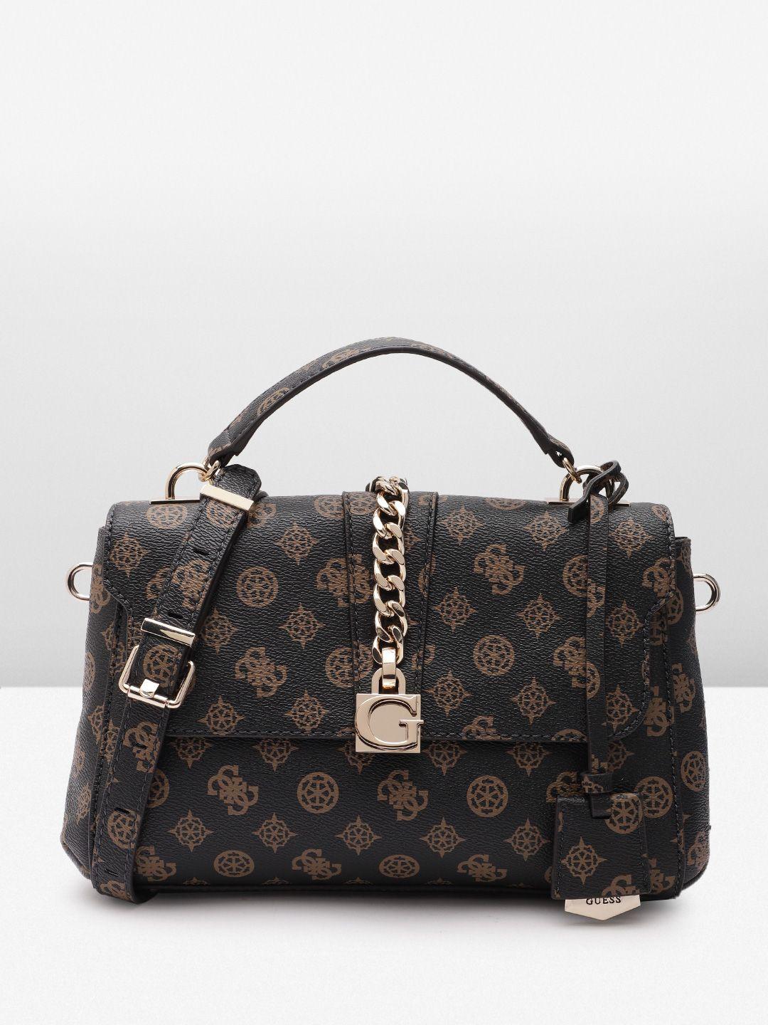 guess women brand logo printed structured satchel bag with chain detail