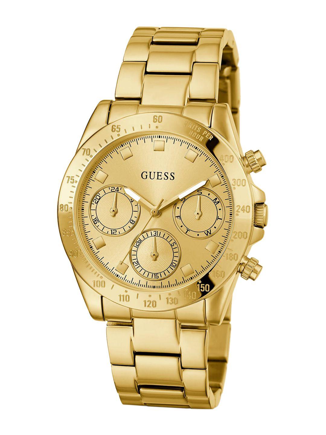 guess women copper-toned dial & gold toned stainless steel bracelet style straps analogue watch gw0314l2