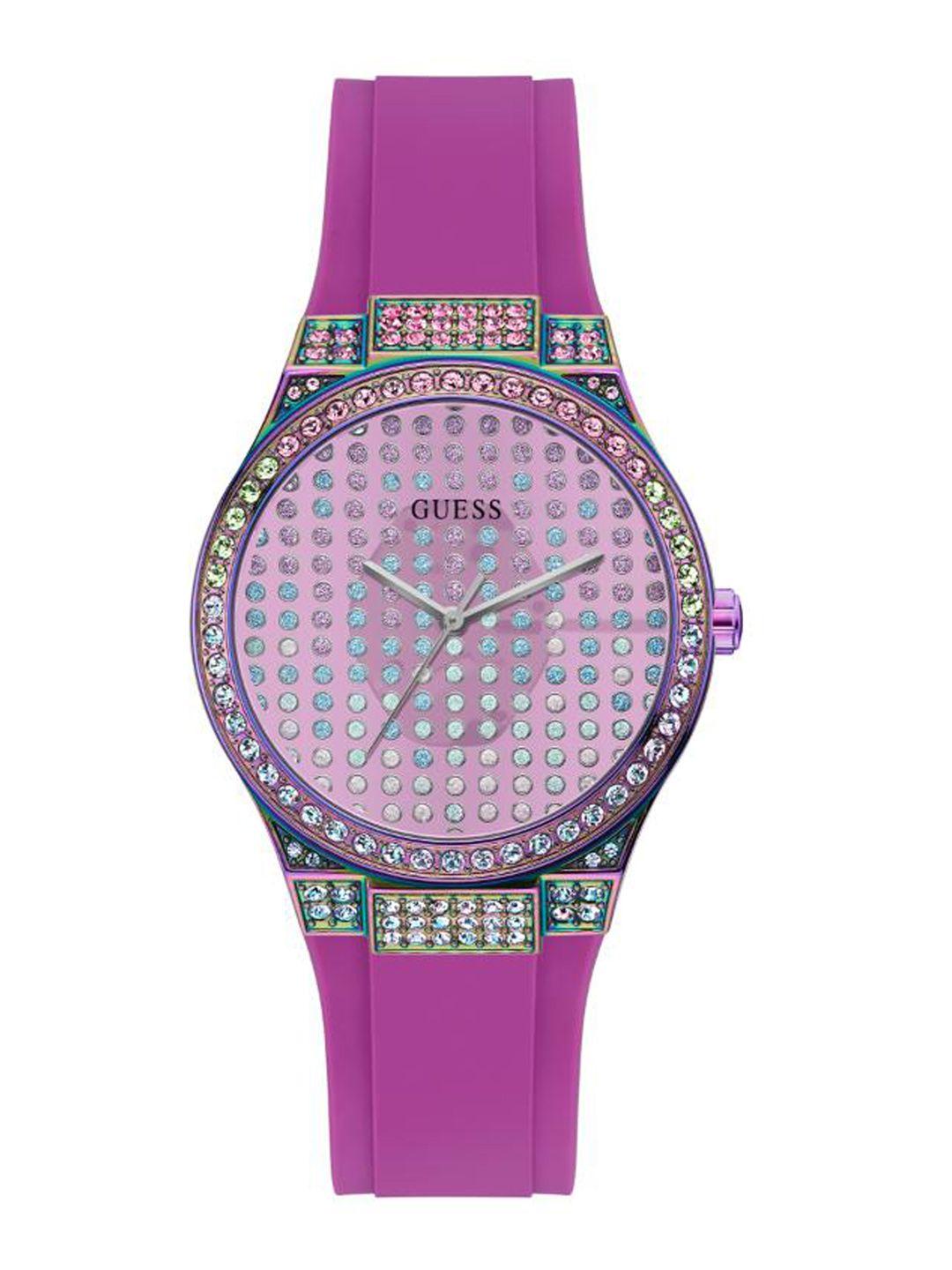 guess women embellished dial & purple stainless steel straps analogue watch