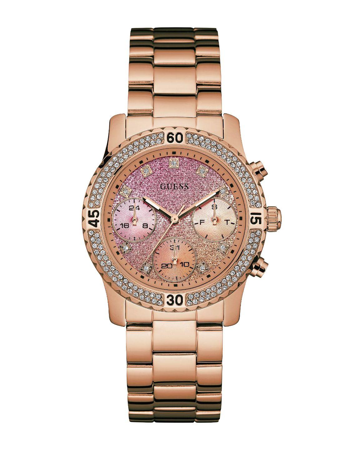 guess women embellished round analogue chronograph watch u0774l3m