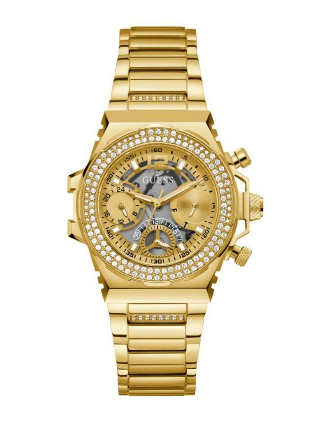 guess women gold-plated stainless steel bracelet style straps analogue and watch