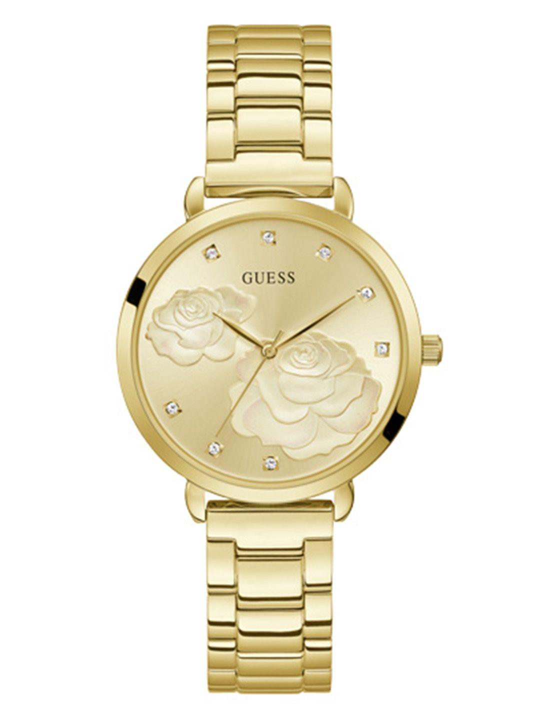 guess women gold toned floral patterned swarovski crystal studded analogue watch gw0242l2