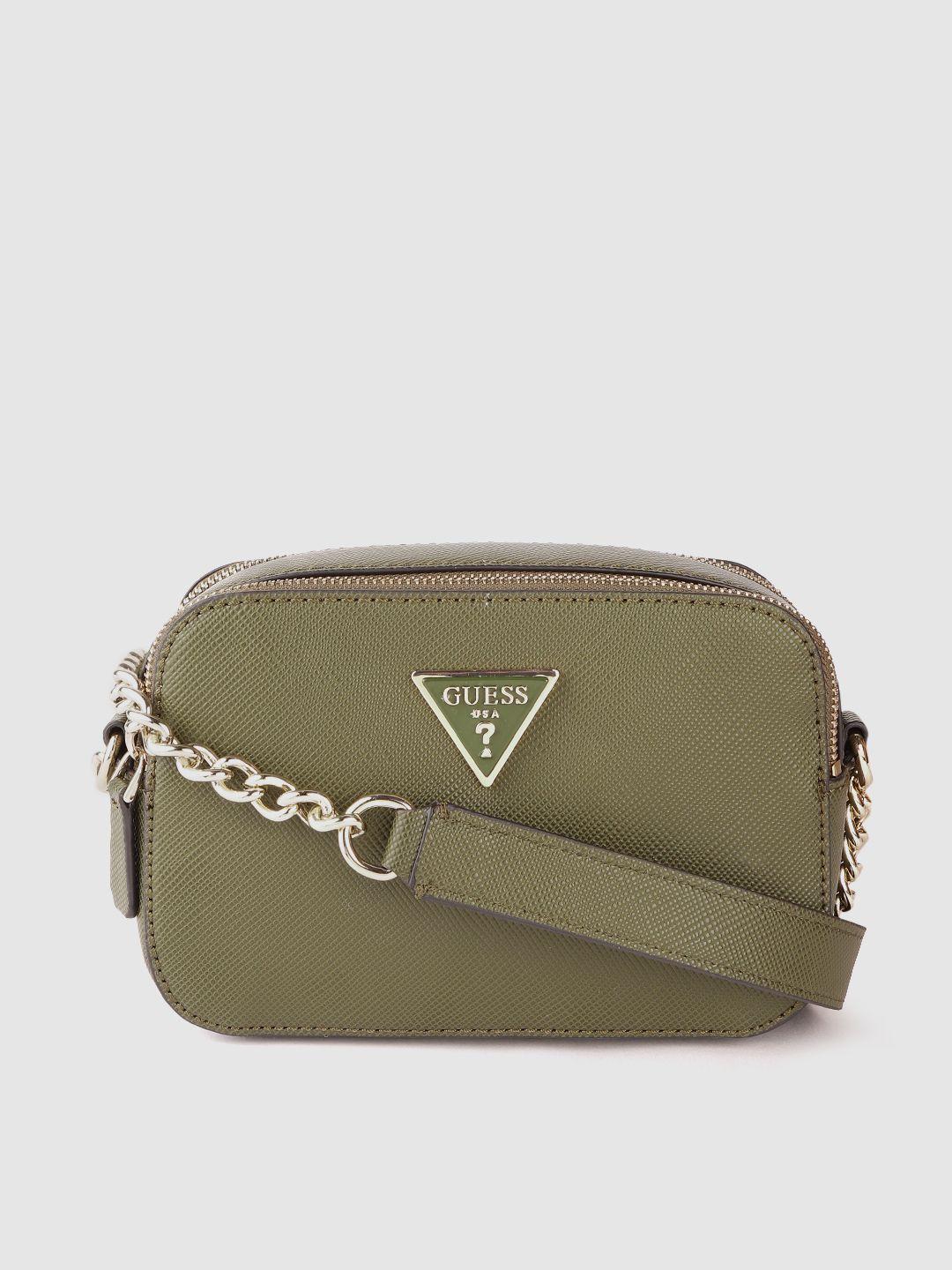 guess women olive green solid structured sling bag