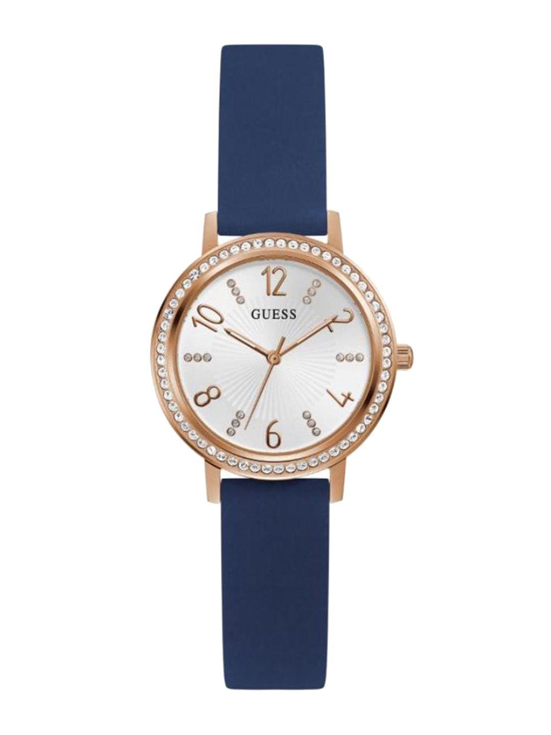 guess women rose gold-toned embellished leather straps analogue watch