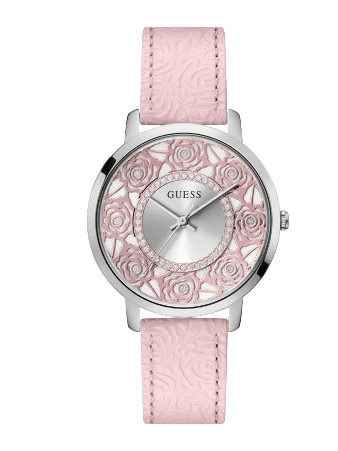 guess women silver-toned embellished dial & pink stainless steel straps analogue watch