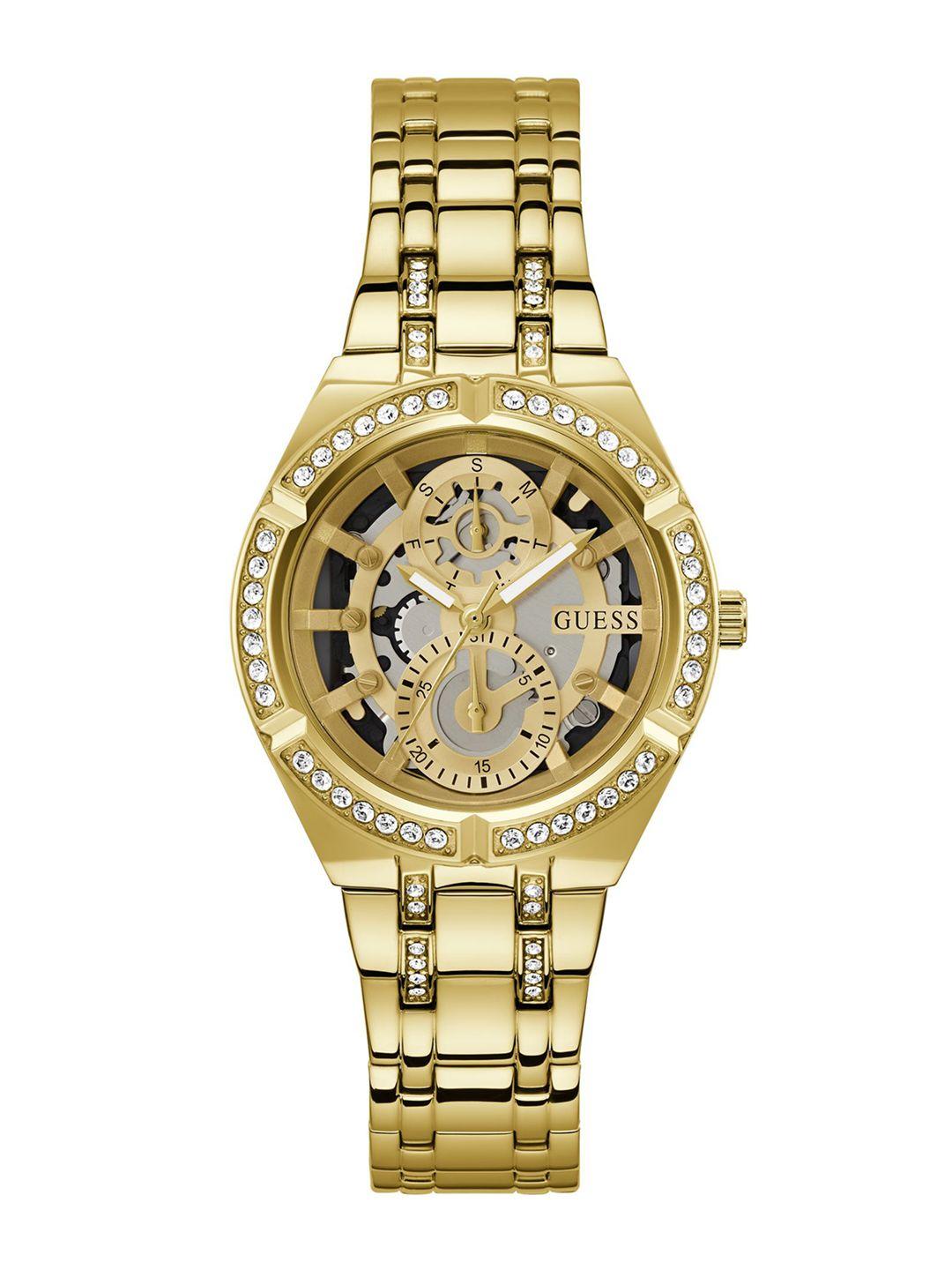 guess women skeleton dial stainless steel bracelet style straps analogue watch gw0604l2