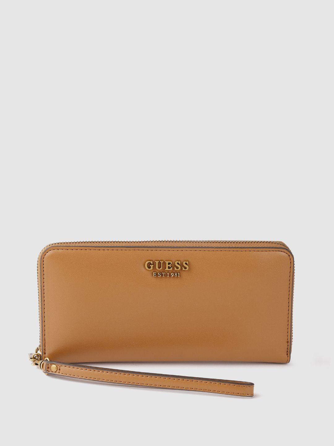 guess women tan brown laurel solid zip around wallet