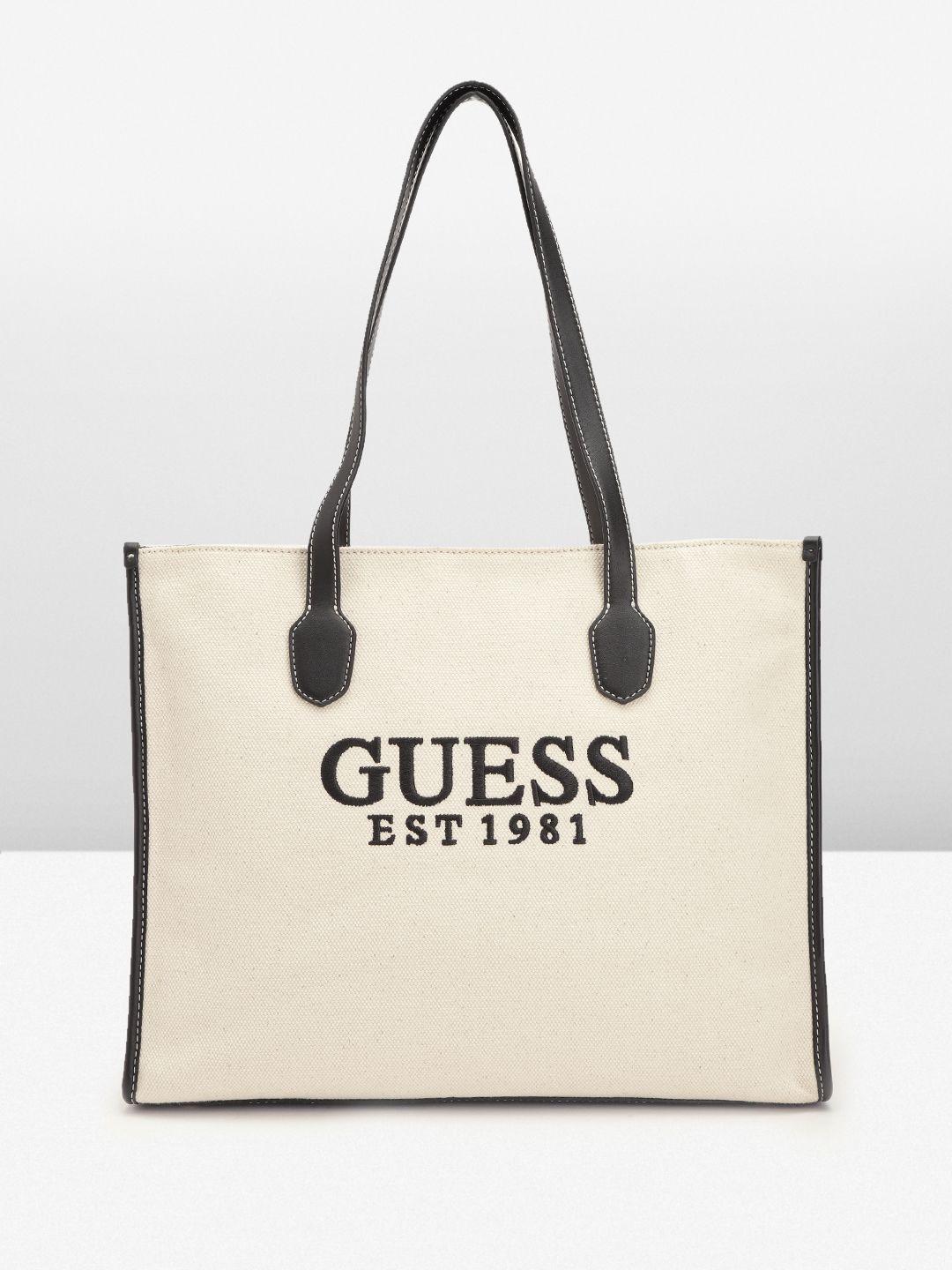guess women textured embroidered detail cotton structured shoulder bag