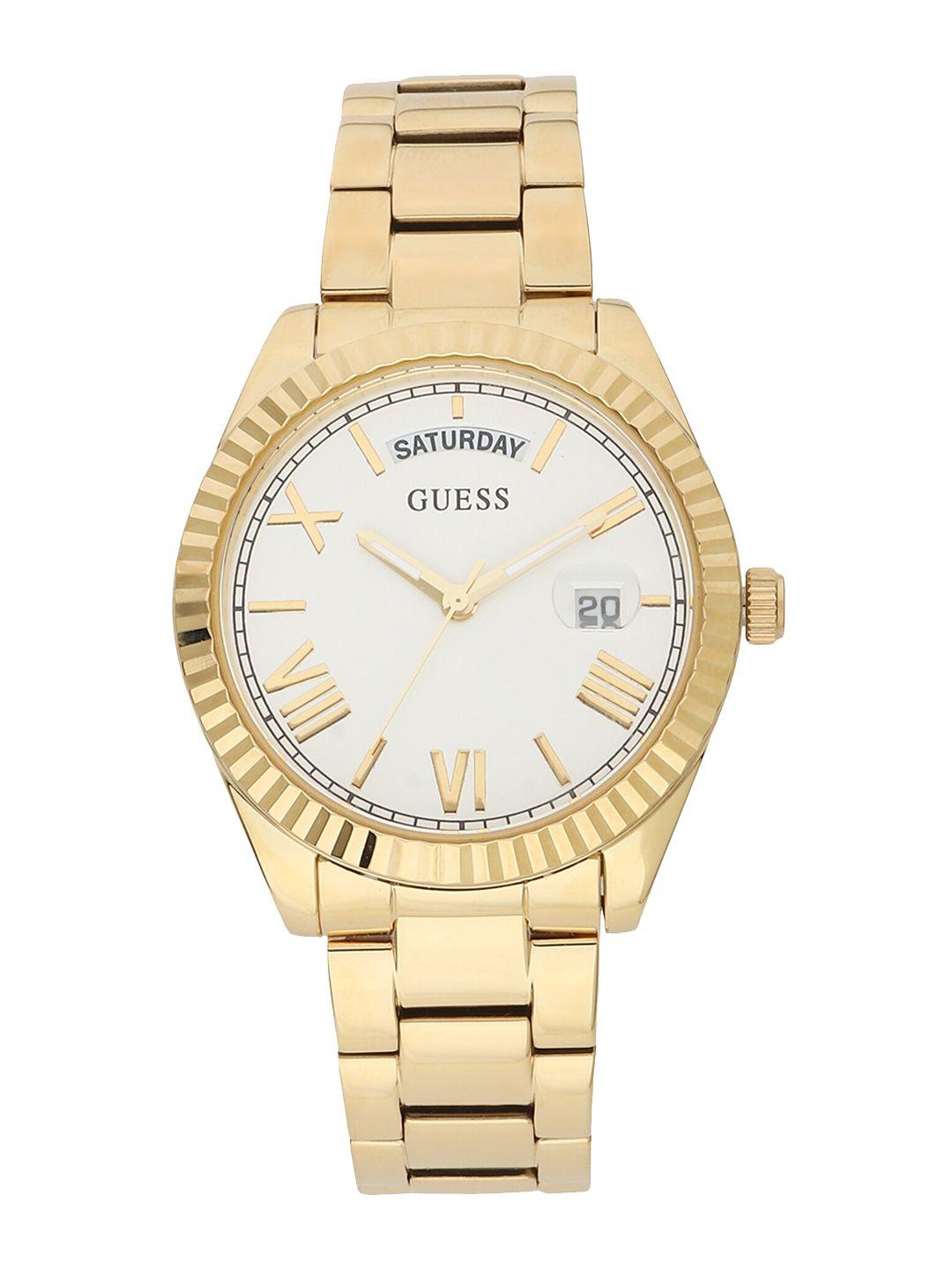 guess women white dial & gold toned stainless steel bracelet style straps analogue watch gw0308l2