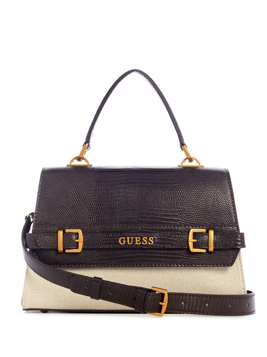 guess woven design structured satchel bag with snake skin textured & buckle detail