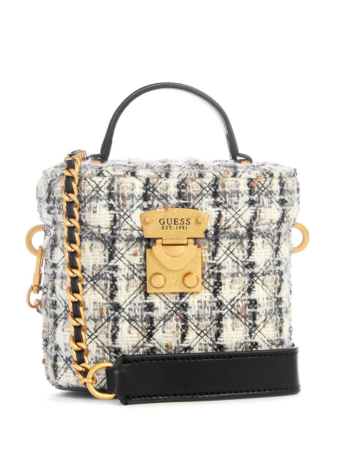 guess woven design structured satchel with quilted detail