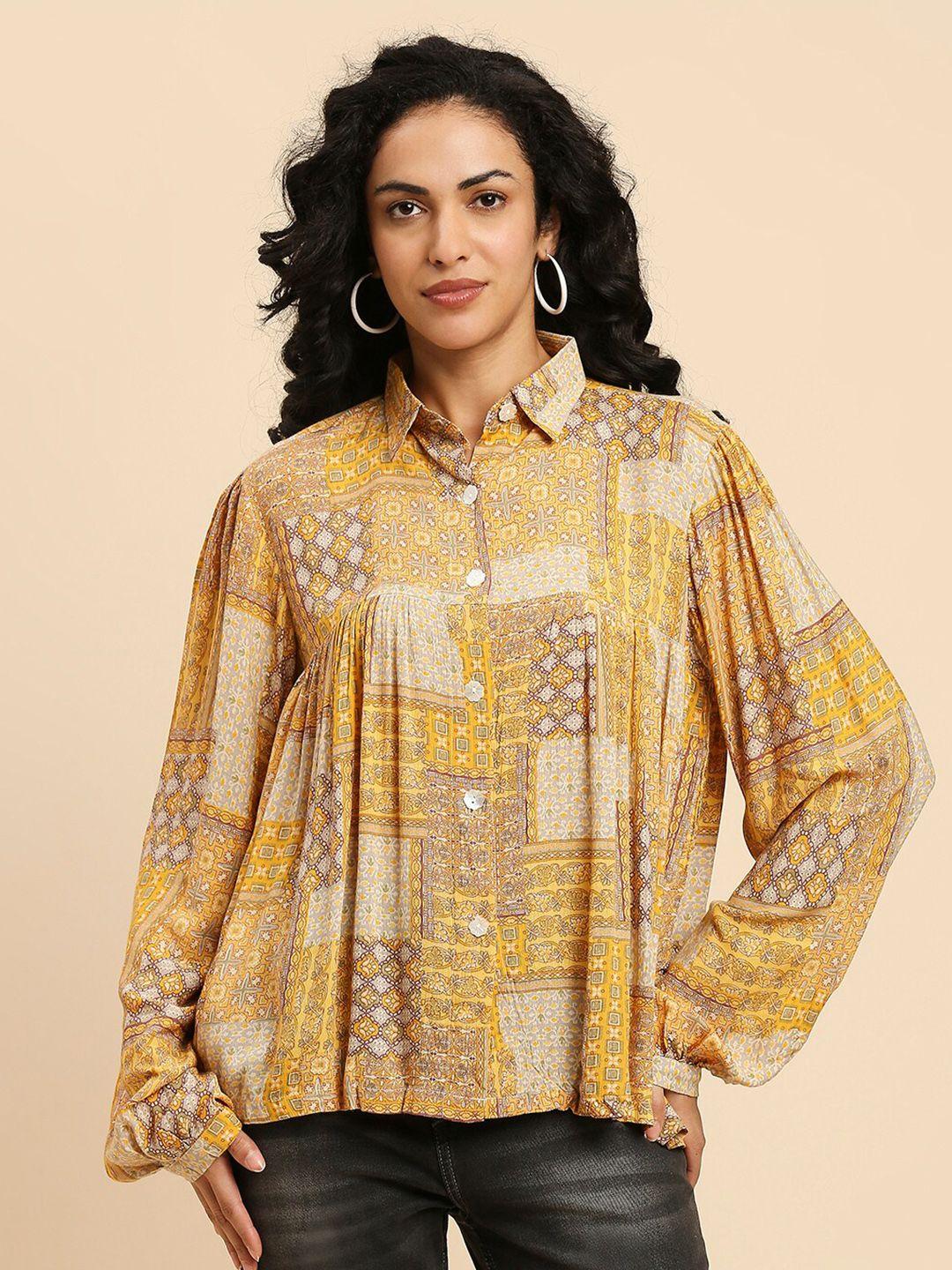 gufrina ethnic motif printed shirt collar gathered & pleated shirt style top