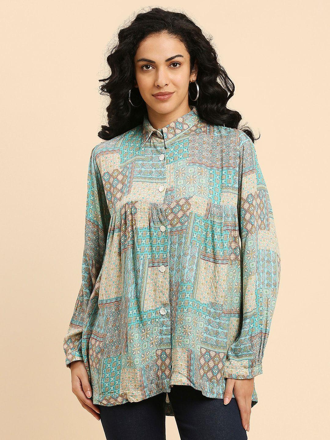 gufrina ethnic motif printed shirt collar gathered & pleated shirt style top