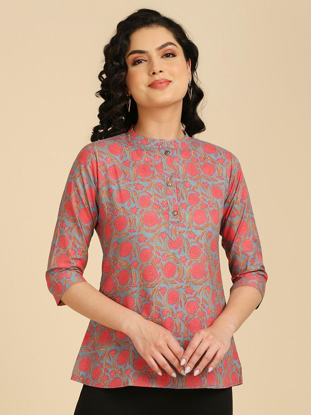 gufrina floral printed mandarin collar cotton shirt style top