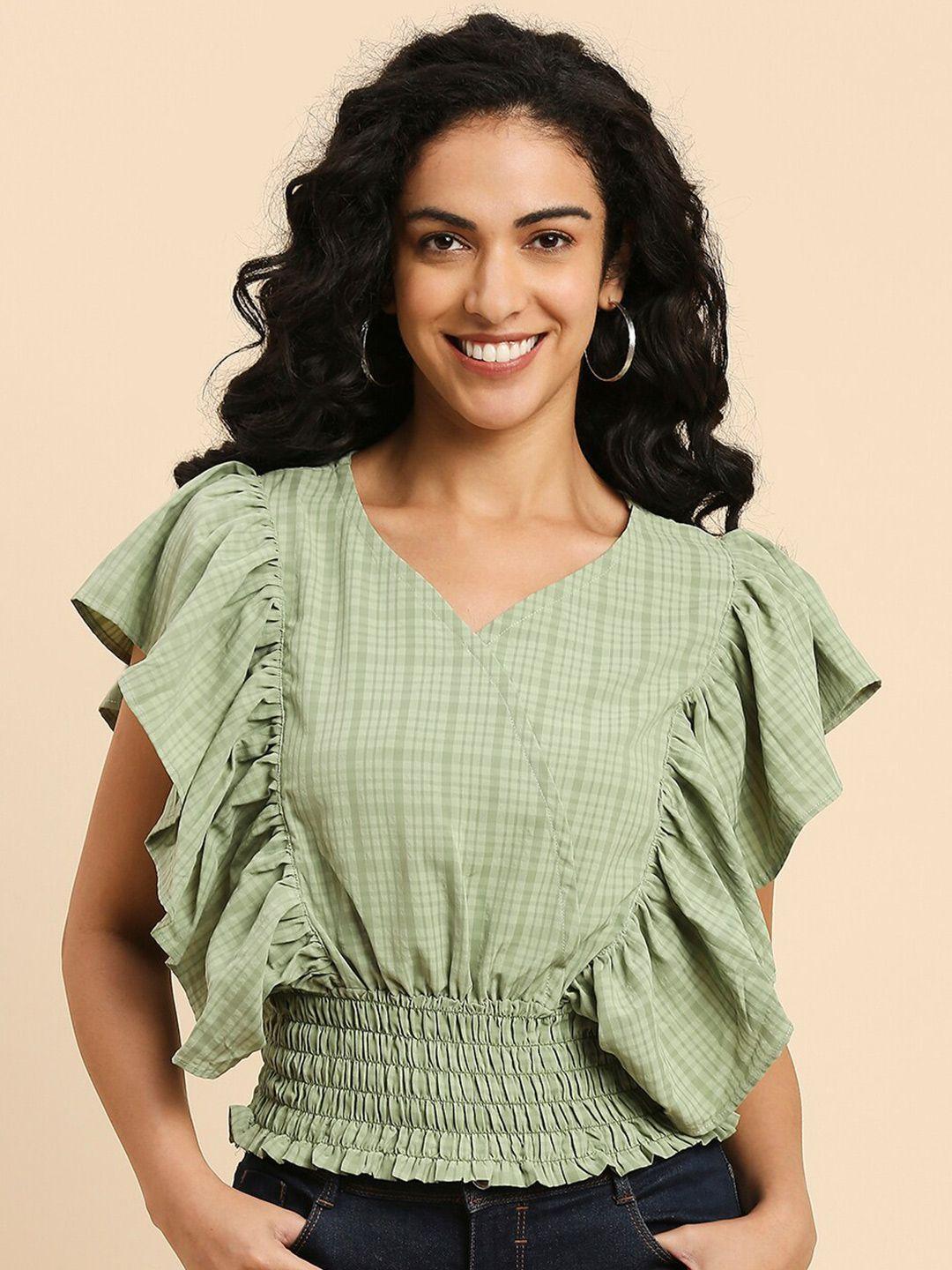gufrina checked flutter sleeves cinched waist top