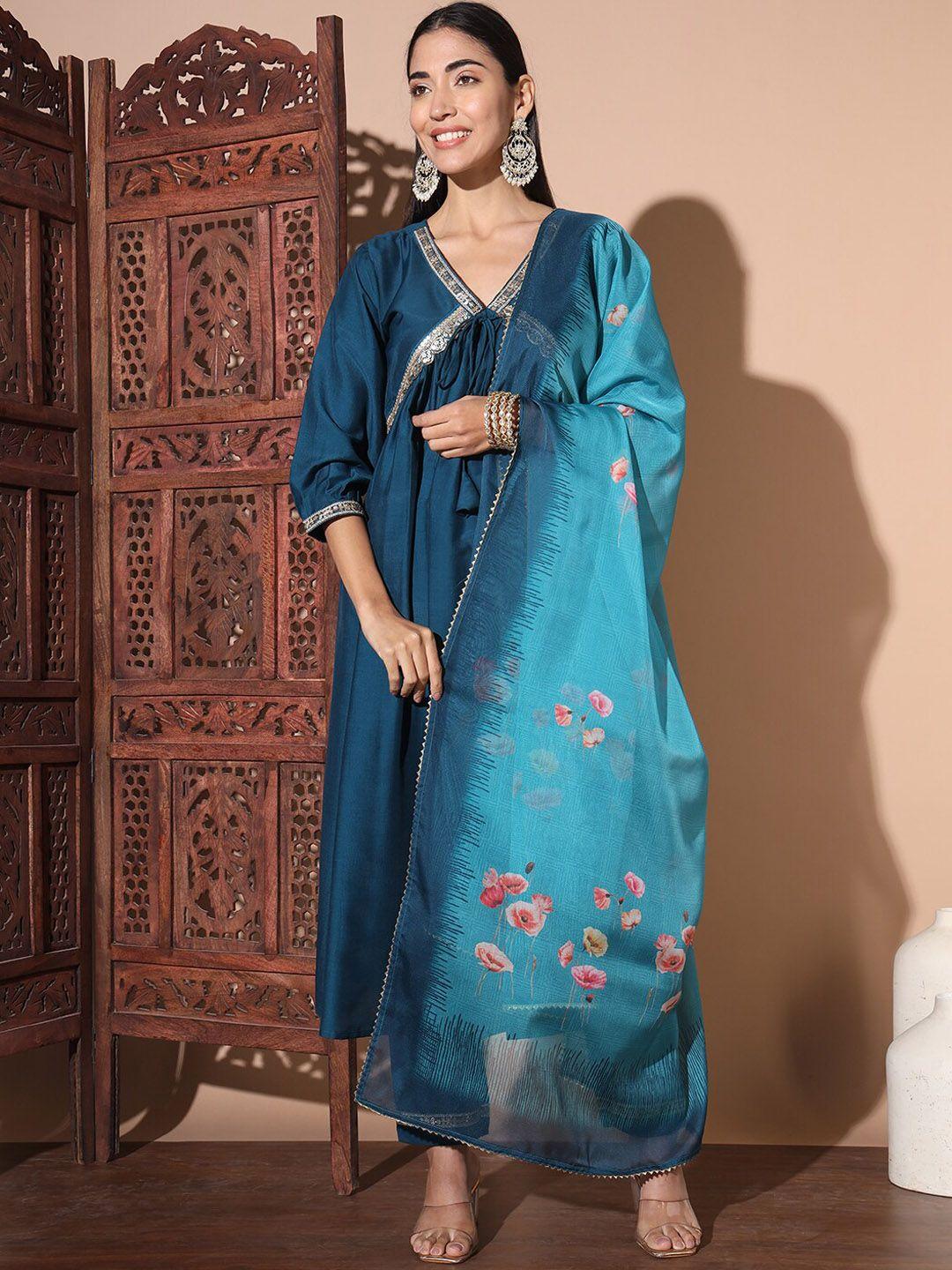 gufrina floral embroidered empire sequinned pure silk kurta with trousers & dupatta