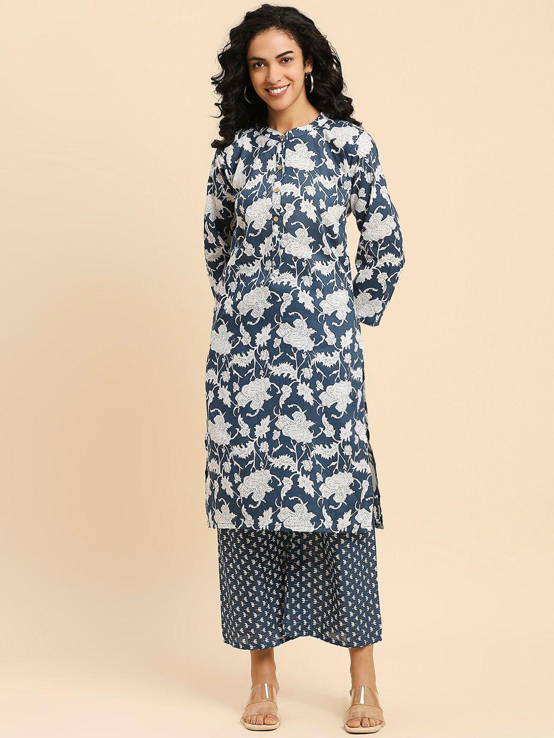 gufrina floral printed band collar regular kurta with palazzos