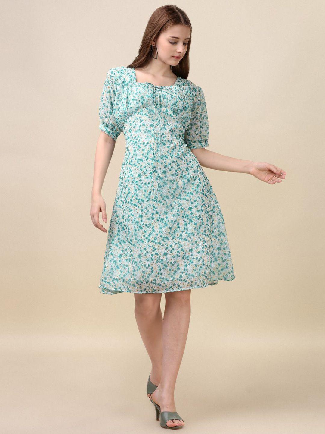 gufrina floral printed square neck puff sleeve gathered georgette a-line dress