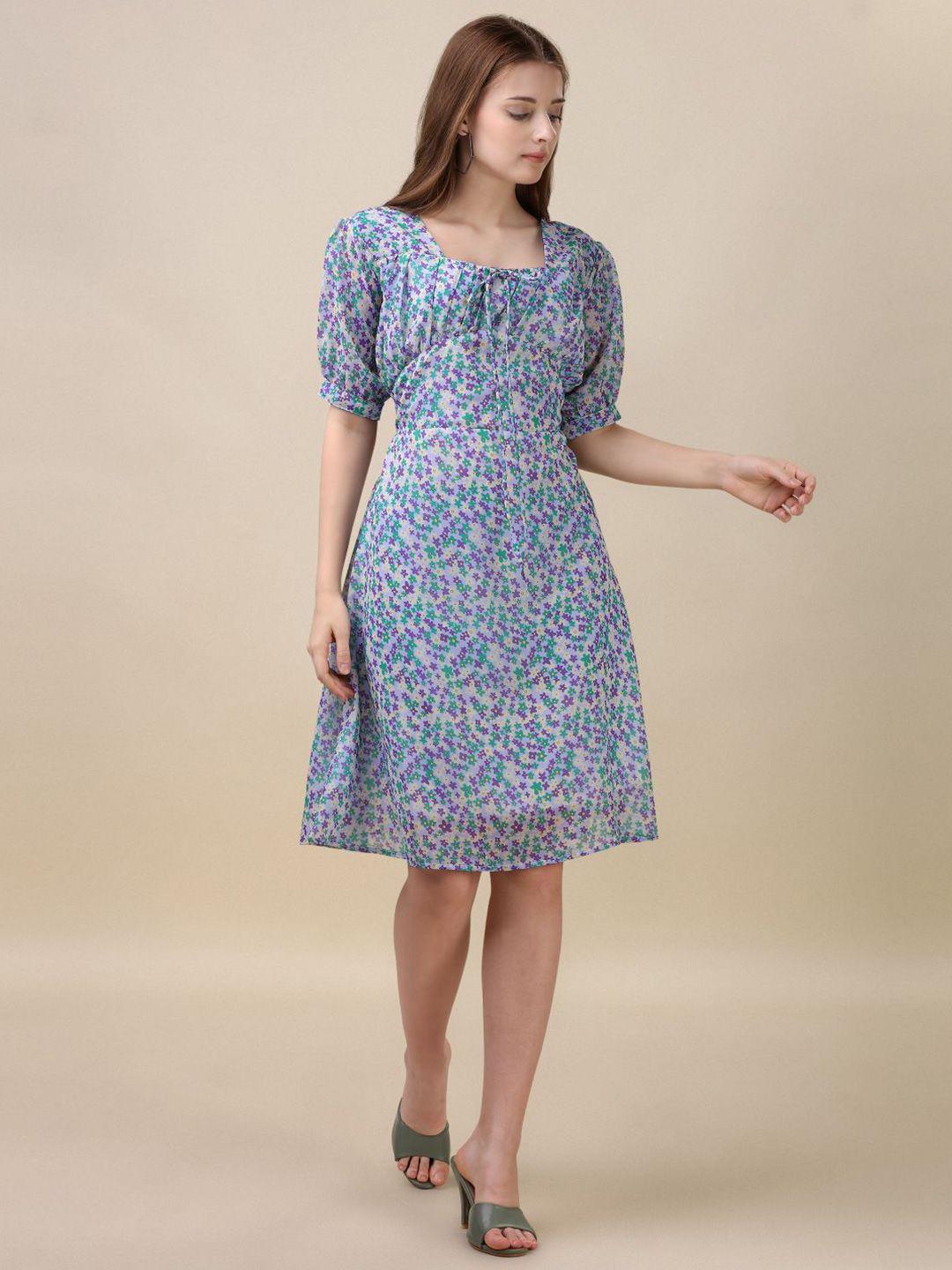 gufrina floral printed square neck puff sleeve gathered georgette a-line dress