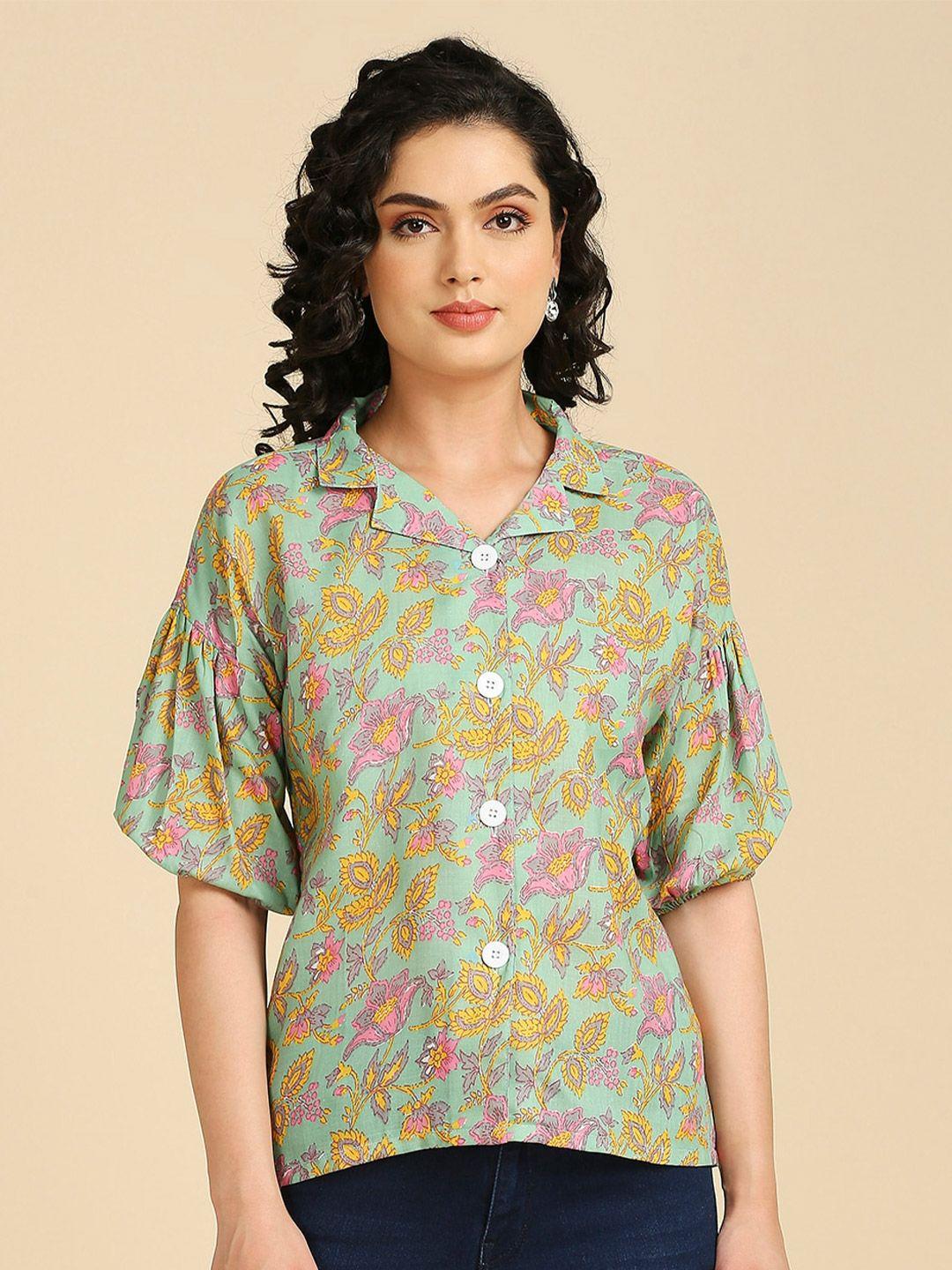 gufrina green floral print extended sleeves cotton shirt style top